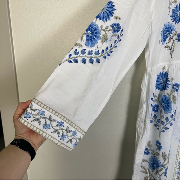 THE COMPANY STORE Bohemian Voile Printed Blue & White Caftan Dress - Picture 3 of 8